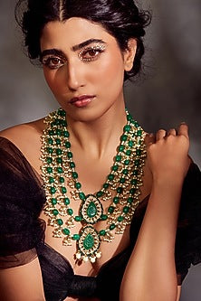 Gold Finish Green Kundan Layered Necklace