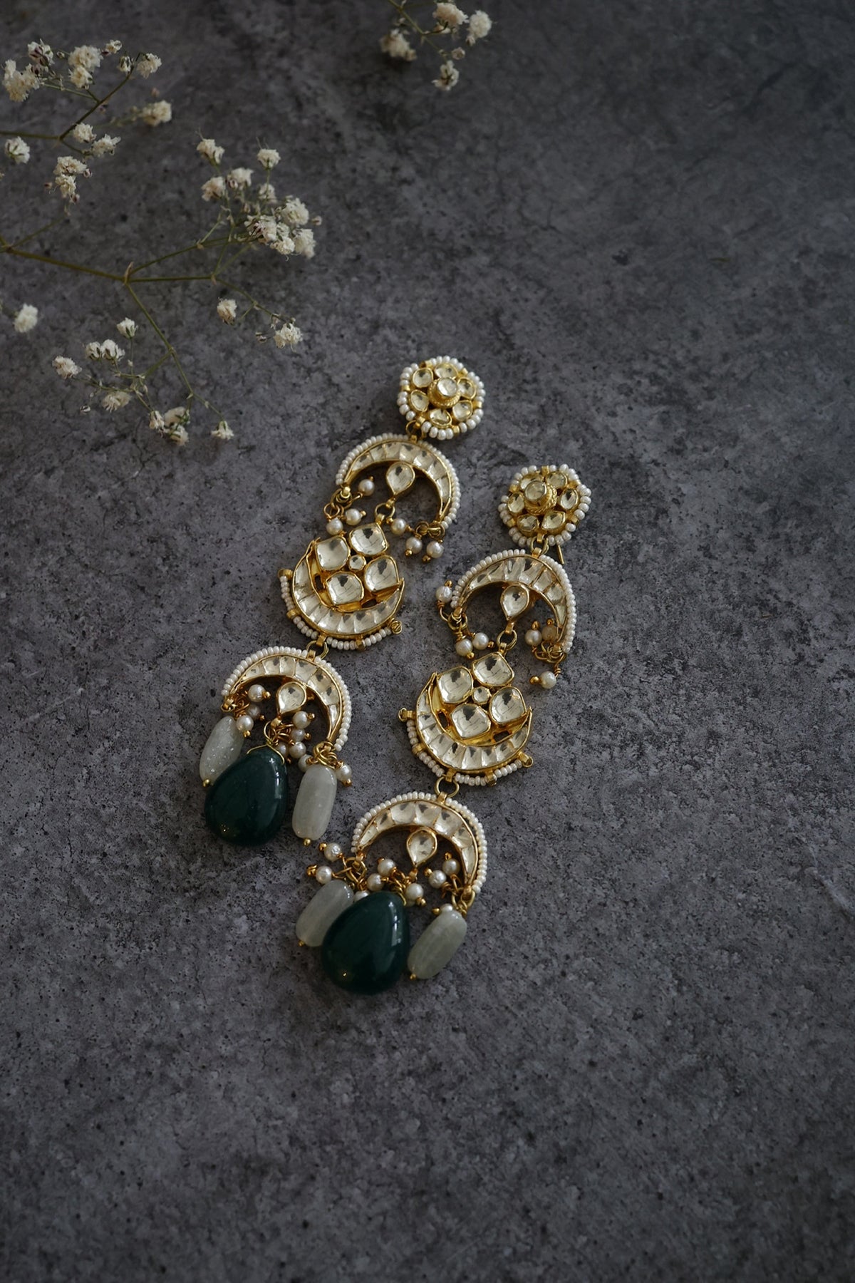 Gold Finish Mint Green Kundan Earrings