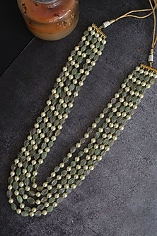 Gold Finish Mint Fluorite Stone & Pearl Layered Necklace