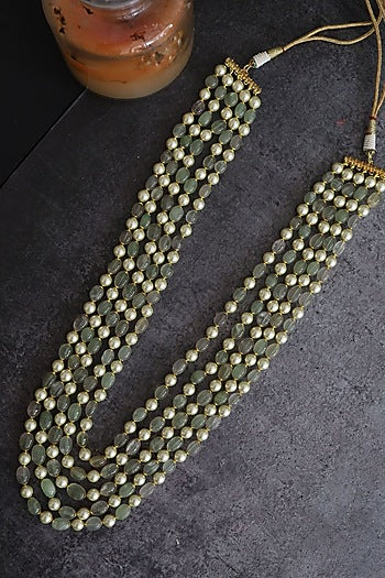 Gold Finish Mint Fluorite Stone & Pearl Layered Necklace