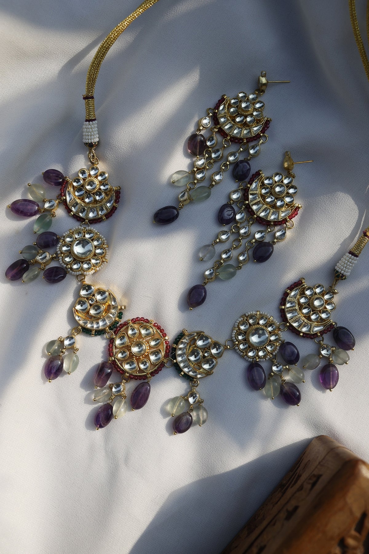 Gold Finish Purple & Mint Amethyst Stone Choker Necklace Set