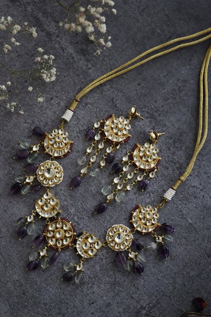 Gold Finish Purple & Mint Amethyst Stone Choker Necklace Set
