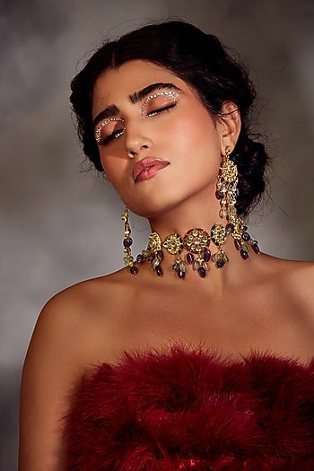 Gold Finish Purple & Mint Amethyst Stone Choker Necklace Set