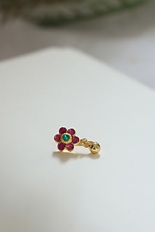 Gold Finish Pink Kundan Floral Nose Pin