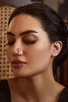 Gold Finish Pink Kundan Floral Nose Pin