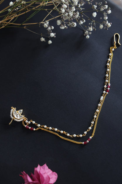 Gold Finish Kundan & Shell Pearl Nose Pin