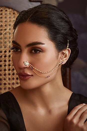Gold Finish Kundan & Shell Pearl Nose Pin