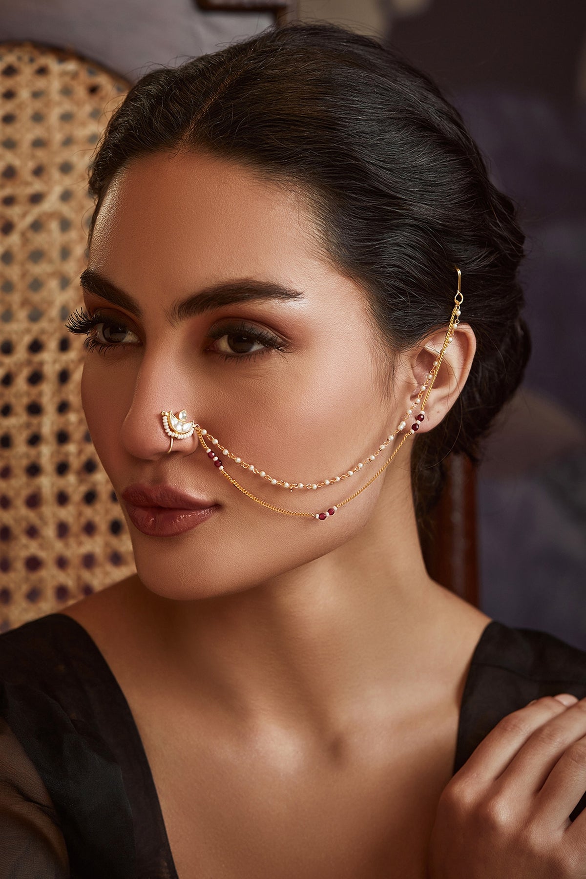 Gold Finish Kundan & Shell Pearl Nose Pin