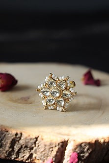 Gold Finish Kundan & Shell Pearl Floral Ring
