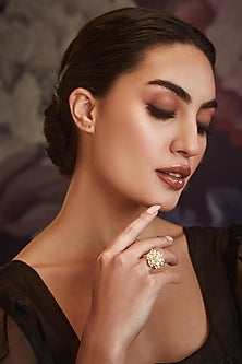 Gold Finish Kundan & Shell Pearl Floral Ring
