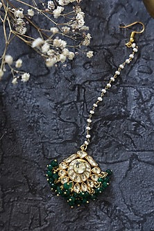 Gold Finish Green Bead & Kundan Maang Tikka
