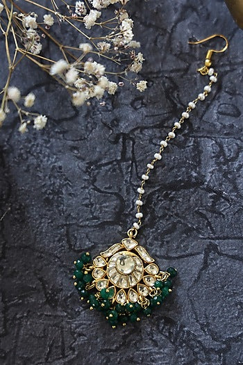 Gold Finish Green Bead & Kundan Maang Tikka
