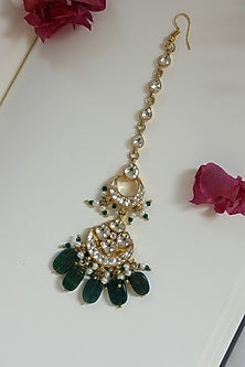 Gold Finish Green Jade Stone & Kundan Maang Tikka