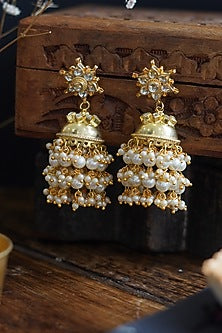 Gold Finish Kundan & Shell Pearl Jhumka Earrings