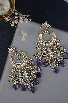 Gold Finish Kundan & Shell Pearl Chandbali Earrings