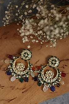 Gold Finish Polki & Green Onyx Stone Chandbali Earrings