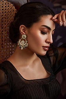 Gold Finish Polki & Green Onyx Stone Chandbali Earrings