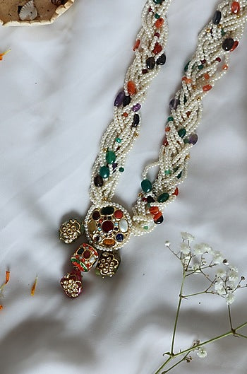 Gold Finish Multi-Colored Semi-Precious Stone Pendant Necklace