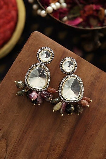 Rhodium Finish Kundan Polki & Multi-Colored Natural Stone Dangler Earrings