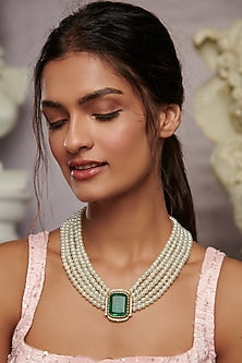 Gold Plated Emerald Crystal & Pearl Necklace