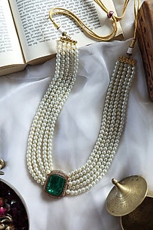 Gold Plated Emerald Crystal & Pearl Necklace