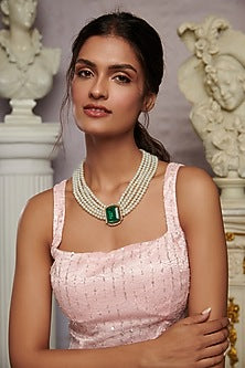 Gold Plated Emerald Crystal & Pearl Necklace