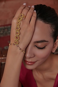 Gold Plated Red Kundan Polki & Ghungroo Hathphool