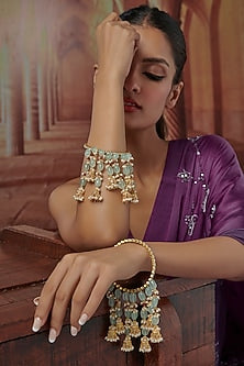 Gold Plated Kundan Polki & Mint Natural Stone Bangles (Set Of 2)