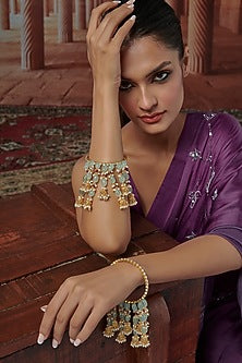 Gold Plated Kundan Polki & Mint Natural Stone Bangles (Set Of 2)