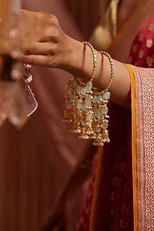 Gold Plated Kundan Polki & Mint Natural Stone Bangles (Set Of 2)