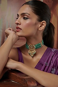 Gold Plated Green Kundan Polki & Pearl Choker Necklace