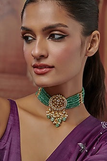 Gold Plated Green Kundan Polki & Pearl Choker Necklace