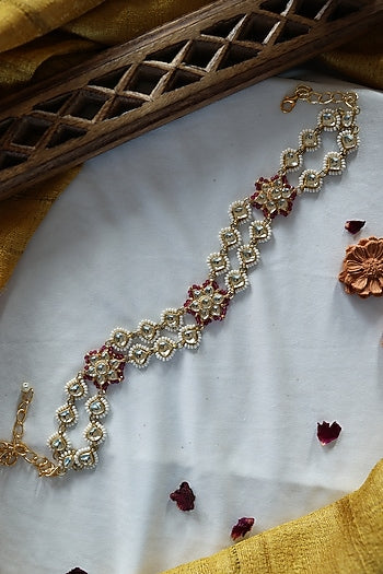 Gold Plated Kundan Polki & Pearl Choker Necklace