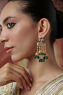 Gold Plated Kundan Polki & Jade Green Stone Dangler Earrings