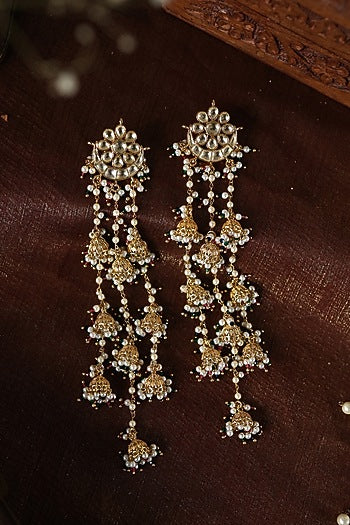 Gold Plated Kundan Polki & Green Hydro Stone Jhumka Earrings