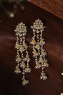 Gold Plated Kundan Polki & Green Hydro Stone Jhumka Earrings