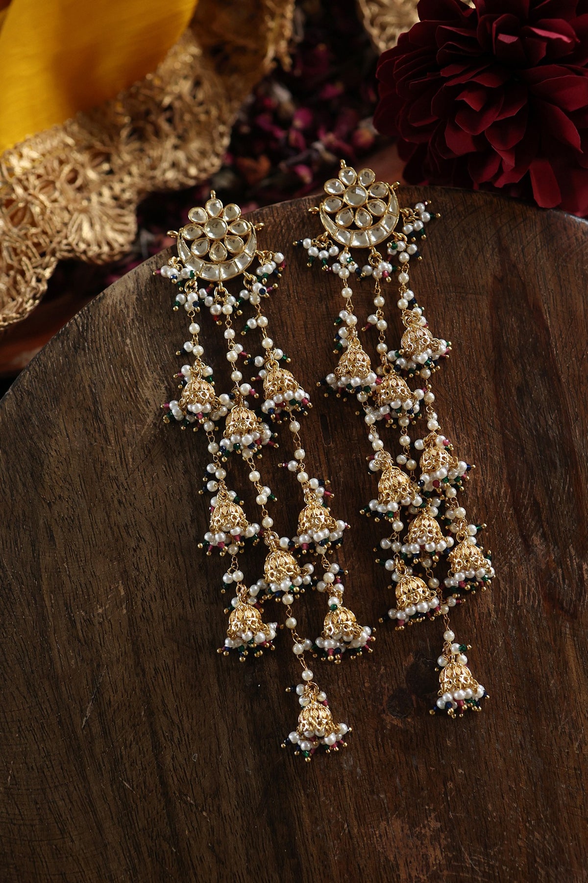Gold Plated Kundan Polki & Green Hydro Stone Jhumka Earrings