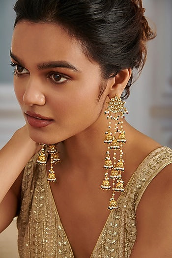 Gold Plated Kundan Polki & Green Hydro Stone Jhumka Earrings
