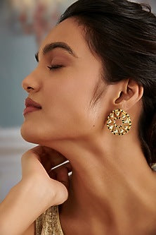Gold Plated Kundan Polki & Green Hydro Stone Stud Earrings