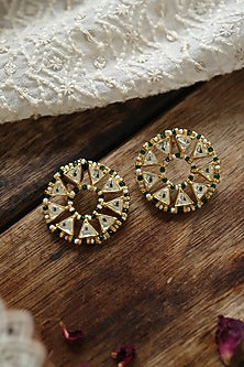 Gold Plated Kundan Polki & Green Hydro Stone Stud Earrings