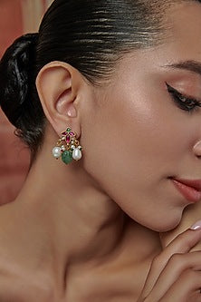 Gold Plated Kundan Polki & Mint Natural Stone Dangler Earrings