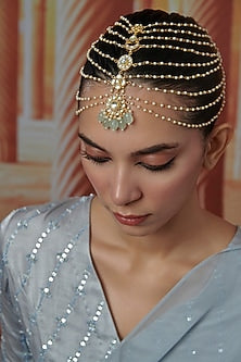 Gold Plated Kundan Polki & Mint Natural Stone Mathapatti