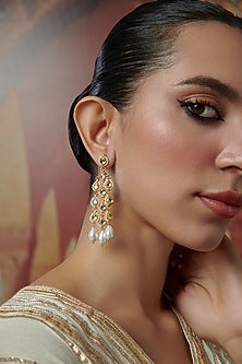 Gold Plated Kundan Polki & Shell Pearl Dangler Earrings