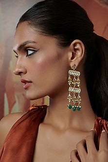 Gold Plated Kundan Polki & Green Natural Stone Dangler Earrings
