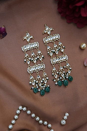 Gold Plated Kundan Polki & Green Natural Stone Dangler Earrings