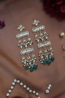 Gold Plated Kundan Polki & Green Natural Stone Dangler Earrings