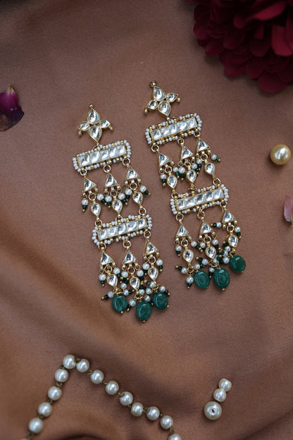 Gold Plated Kundan Polki & Green Natural Stone Dangler Earrings