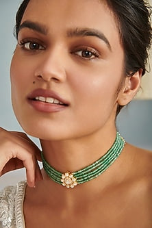 Gold Plated Kundan Polki & Green Onyx Stone Choker Necklace