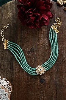 Gold Plated Kundan Polki & Green Onyx Stone Choker Necklace