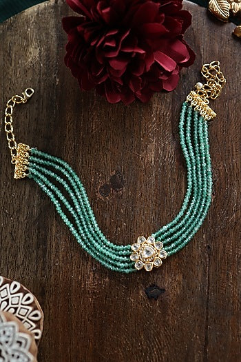 Gold Plated Kundan Polki & Green Onyx Stone Choker Necklace